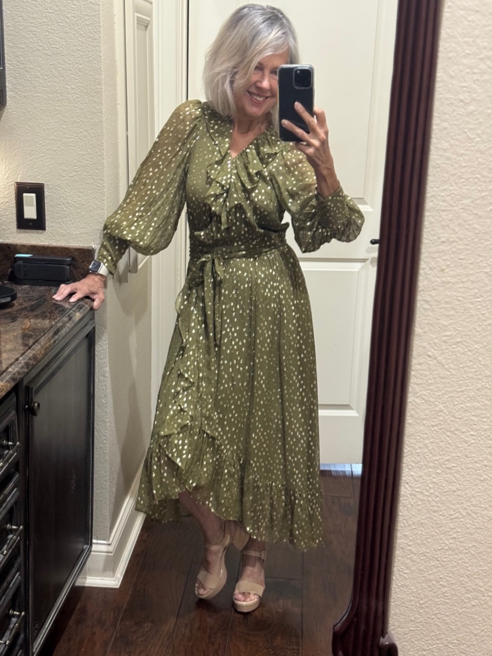 Zimmerman Olive Green metallic polka dot wrap dress, sz 0